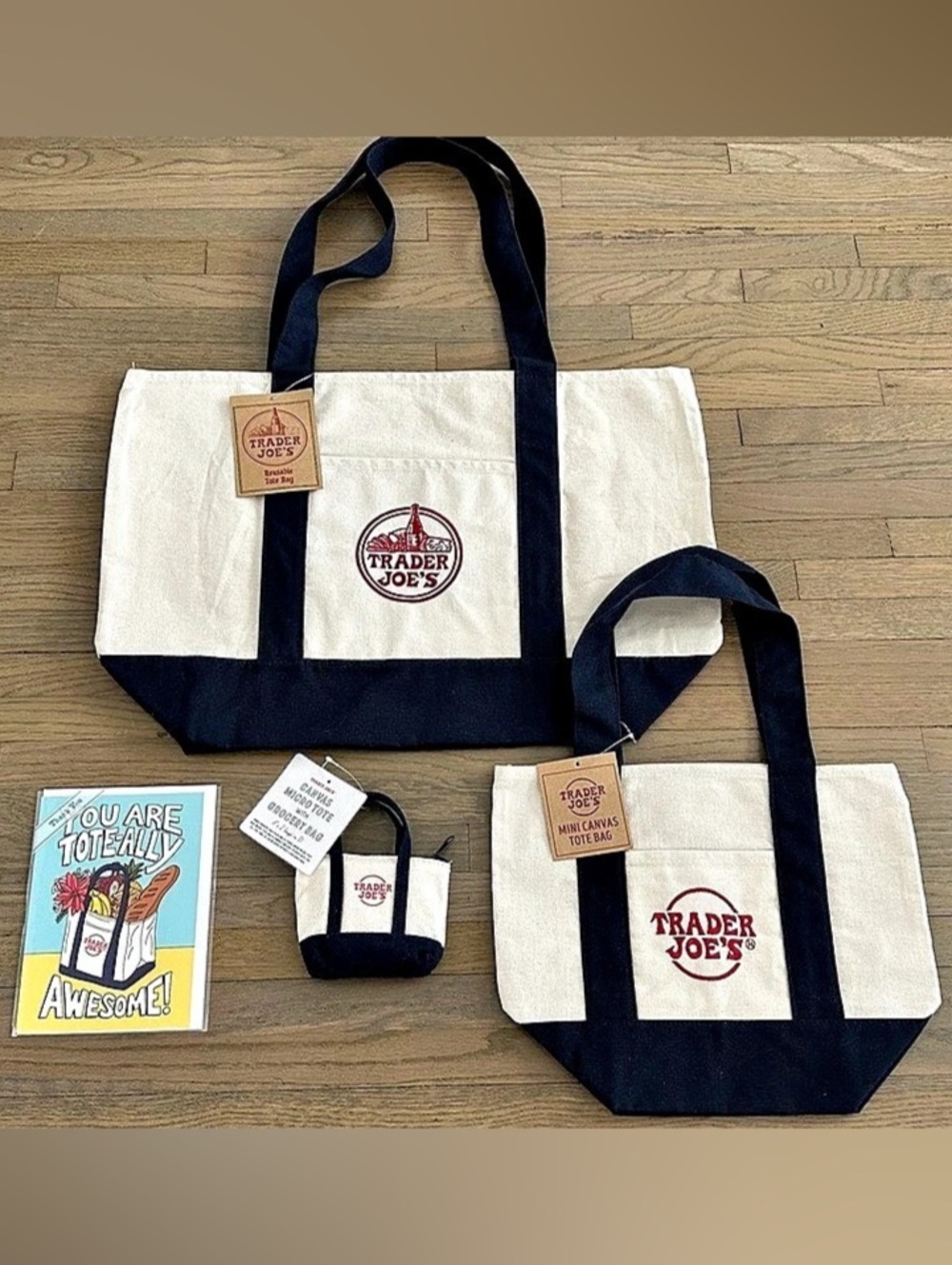New 100% Authentic Trader Joe's Reusable Canvas Tote Bag Large Mini Micro Card